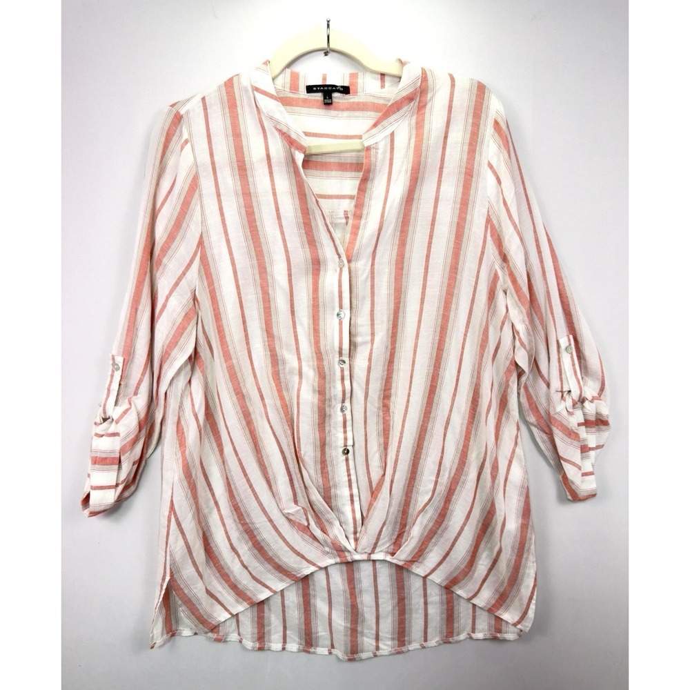 Staccato L Coral White Stripe Hi Lo Button Blouse Shirt Hem Roll Tab Slv Linen